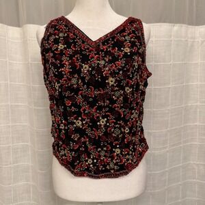 Sari Palace Vintage Beaded Sequin Tank Top Black Red Floral Rayon India V-Neck